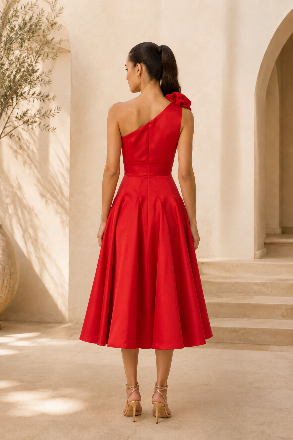 One-Shoulder-Satin-Midikleid mit Rosendetail