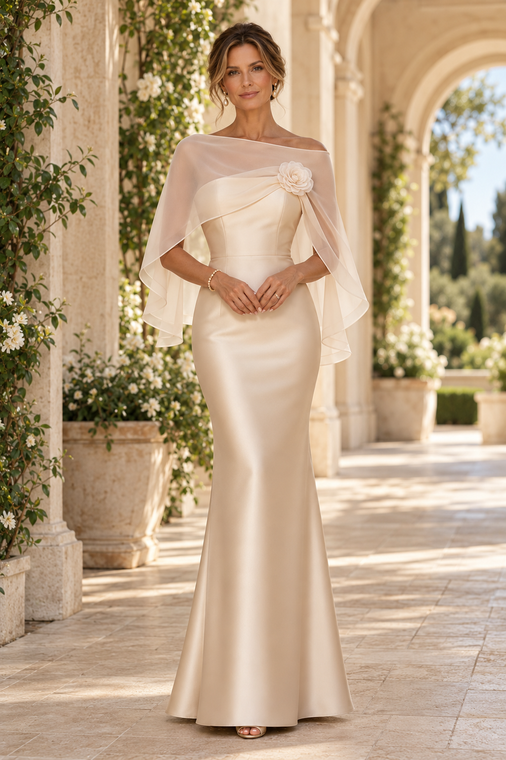 Trumpet Evening Gown with Sheer Floral Capelet