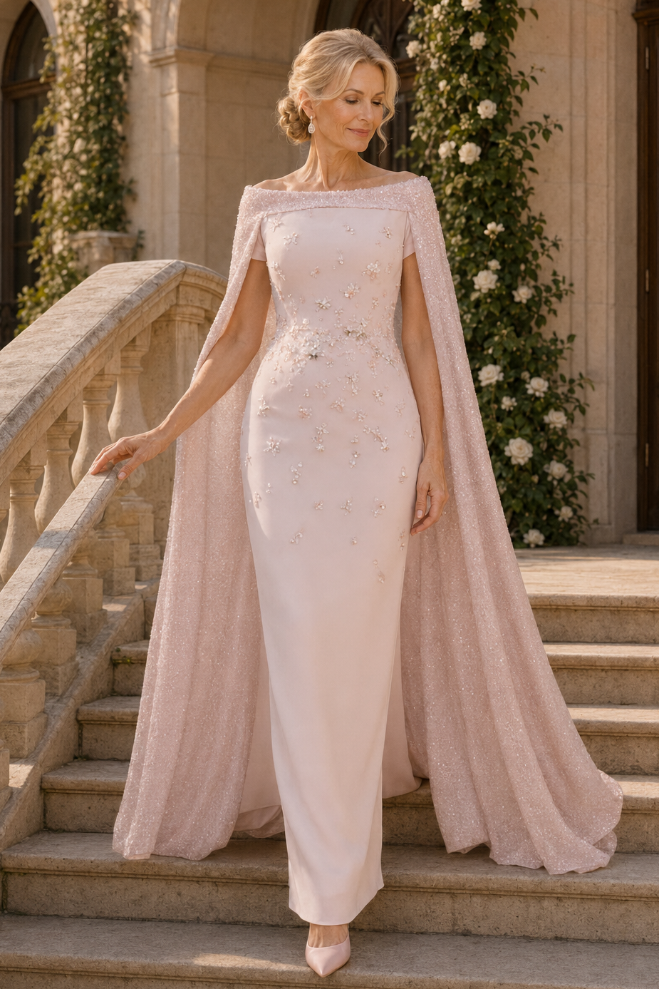 Säulenkleid mit Perlenstickerei und schimmerndem Umhang