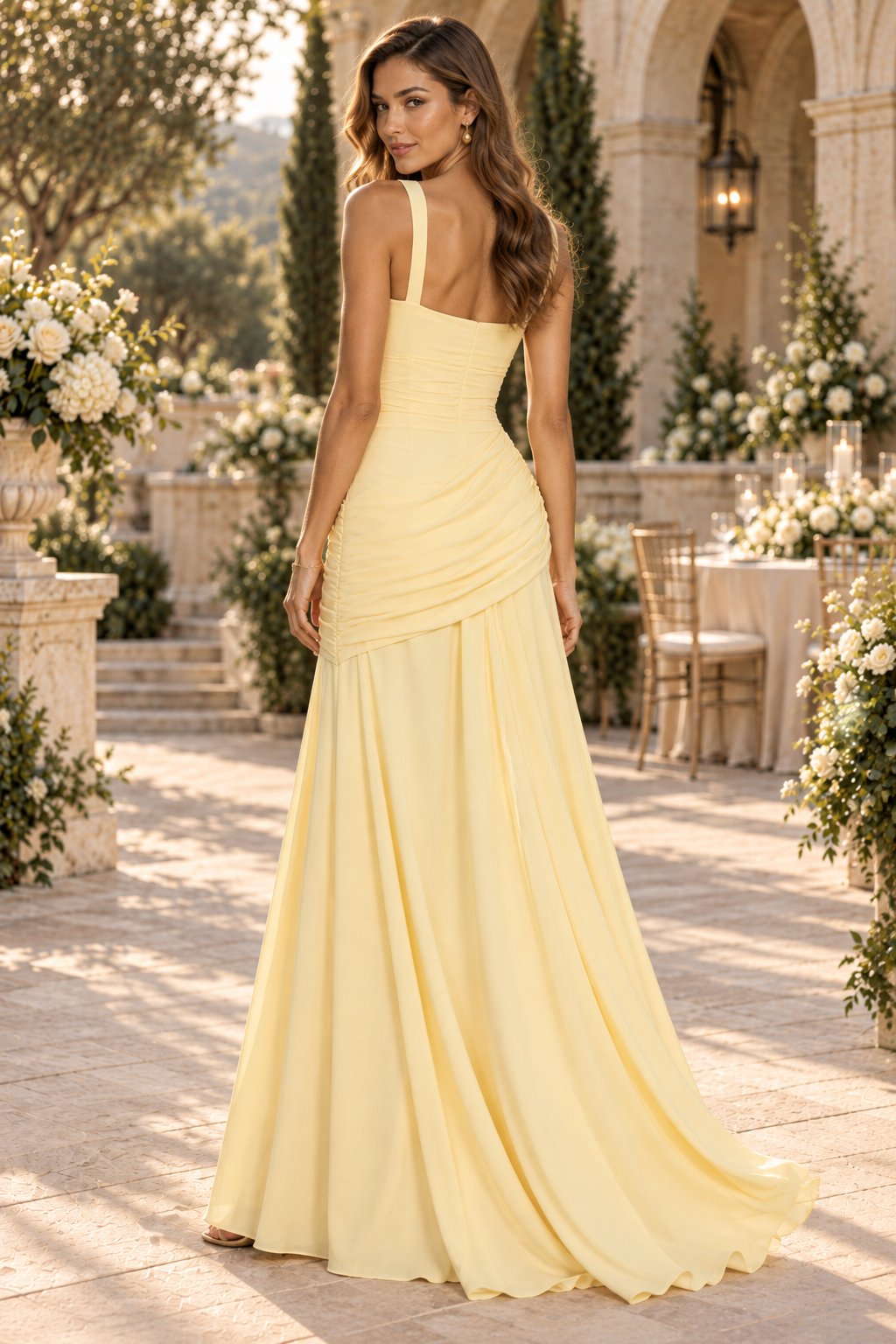 Ruched Square Neck Asymmetrical Draped Evening Gown