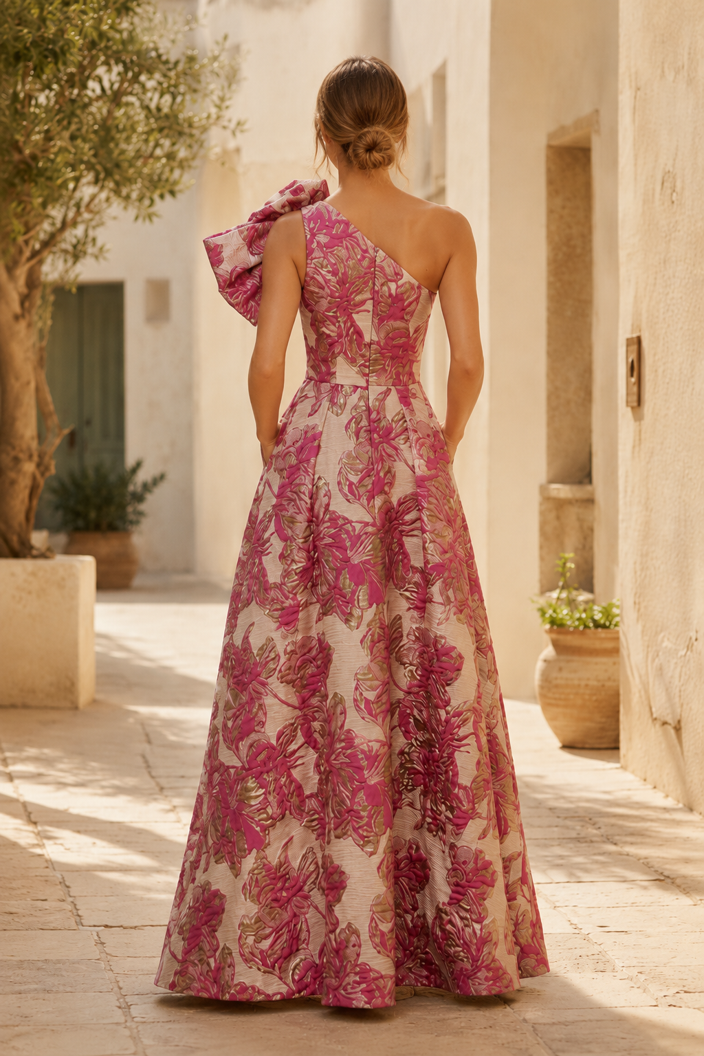 Ärmelloses A-Linien-Kleid aus floralem Brokat mit One-Shoulder-Träger