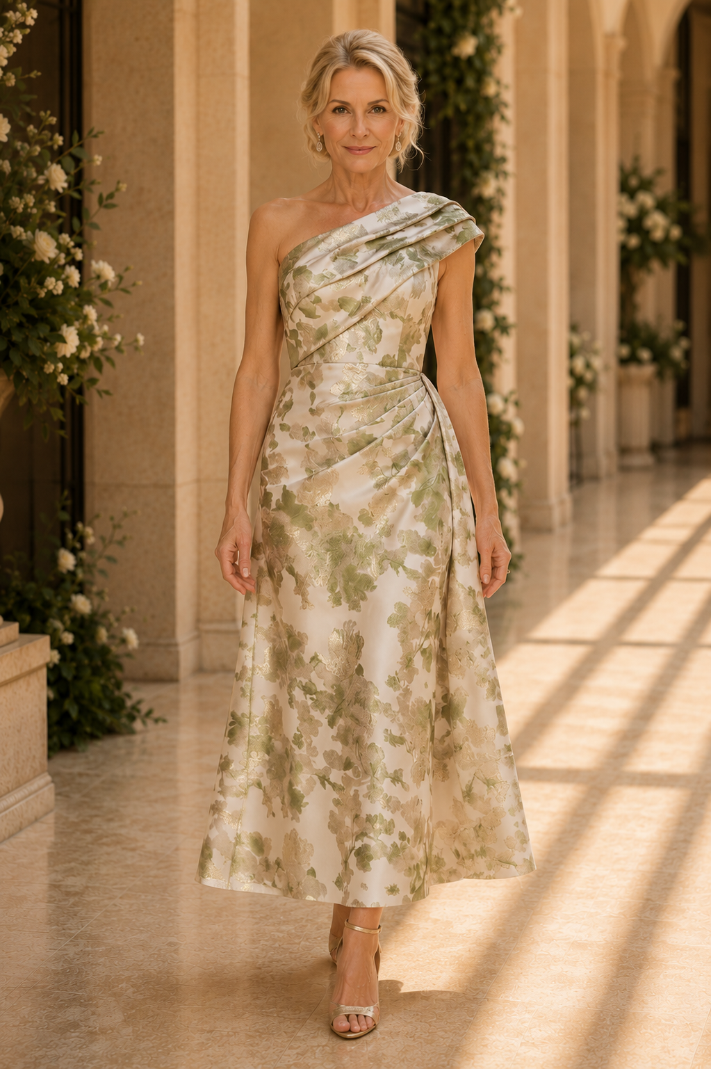 One-Shoulder-Kleid aus floralem Jacquard in Teelänge