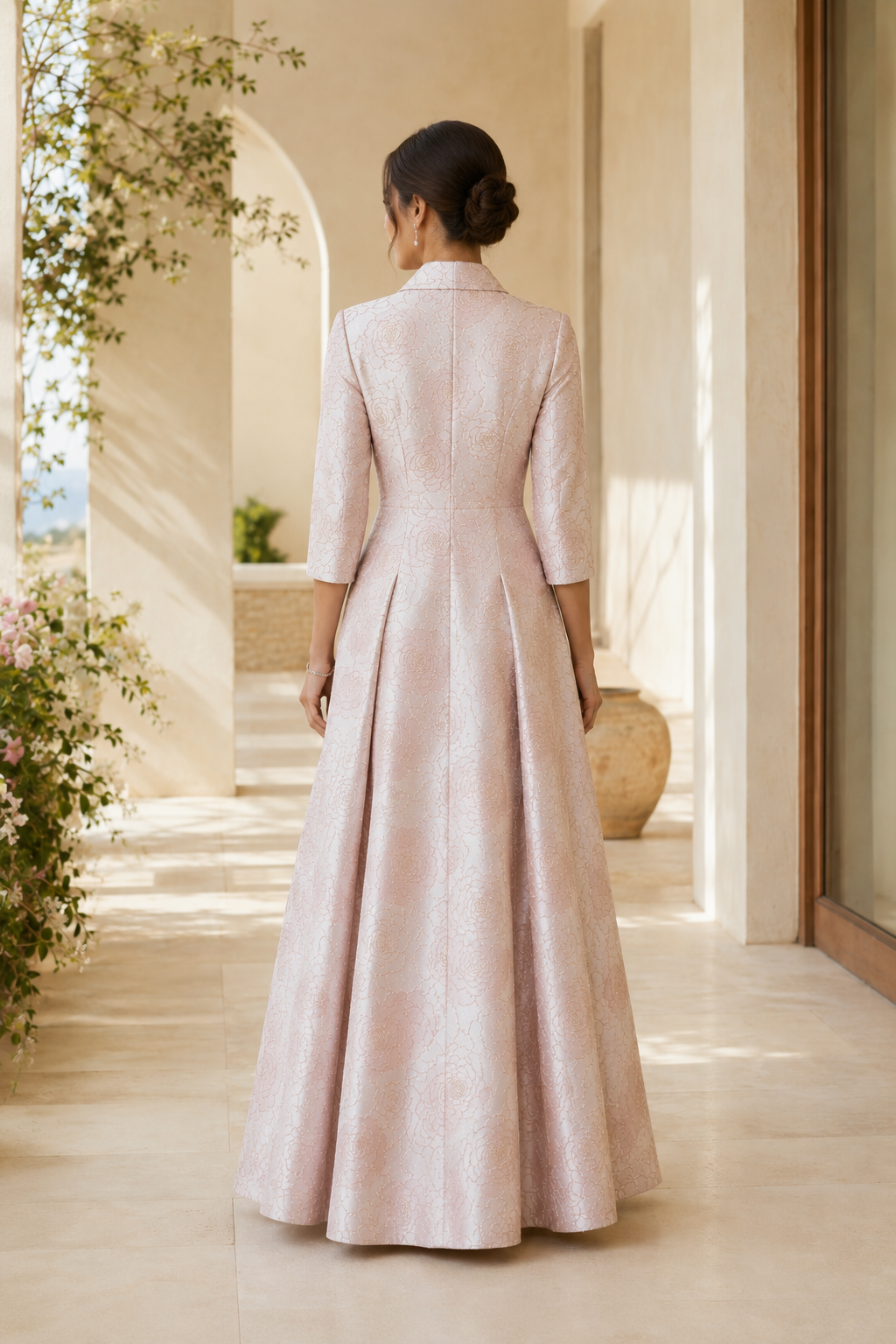 Geblümtes Jacquard A-Linien-Kleid mit 3D-Blumen