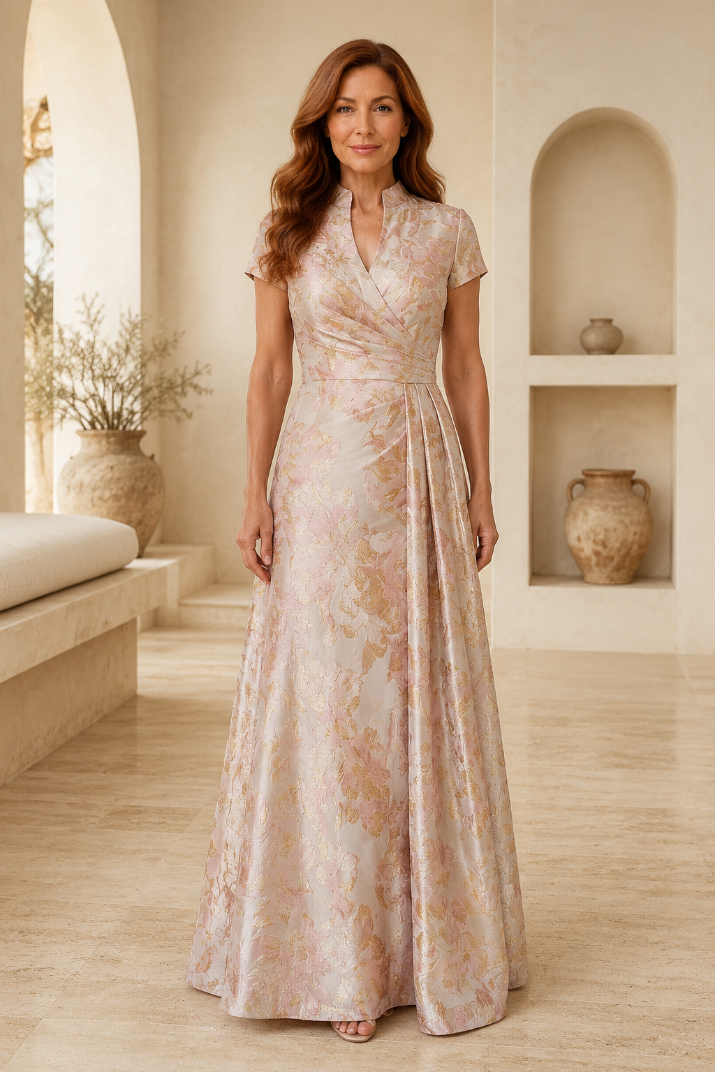 Florales Jacquard A-Linien Wickelkleid mit Stehkragen