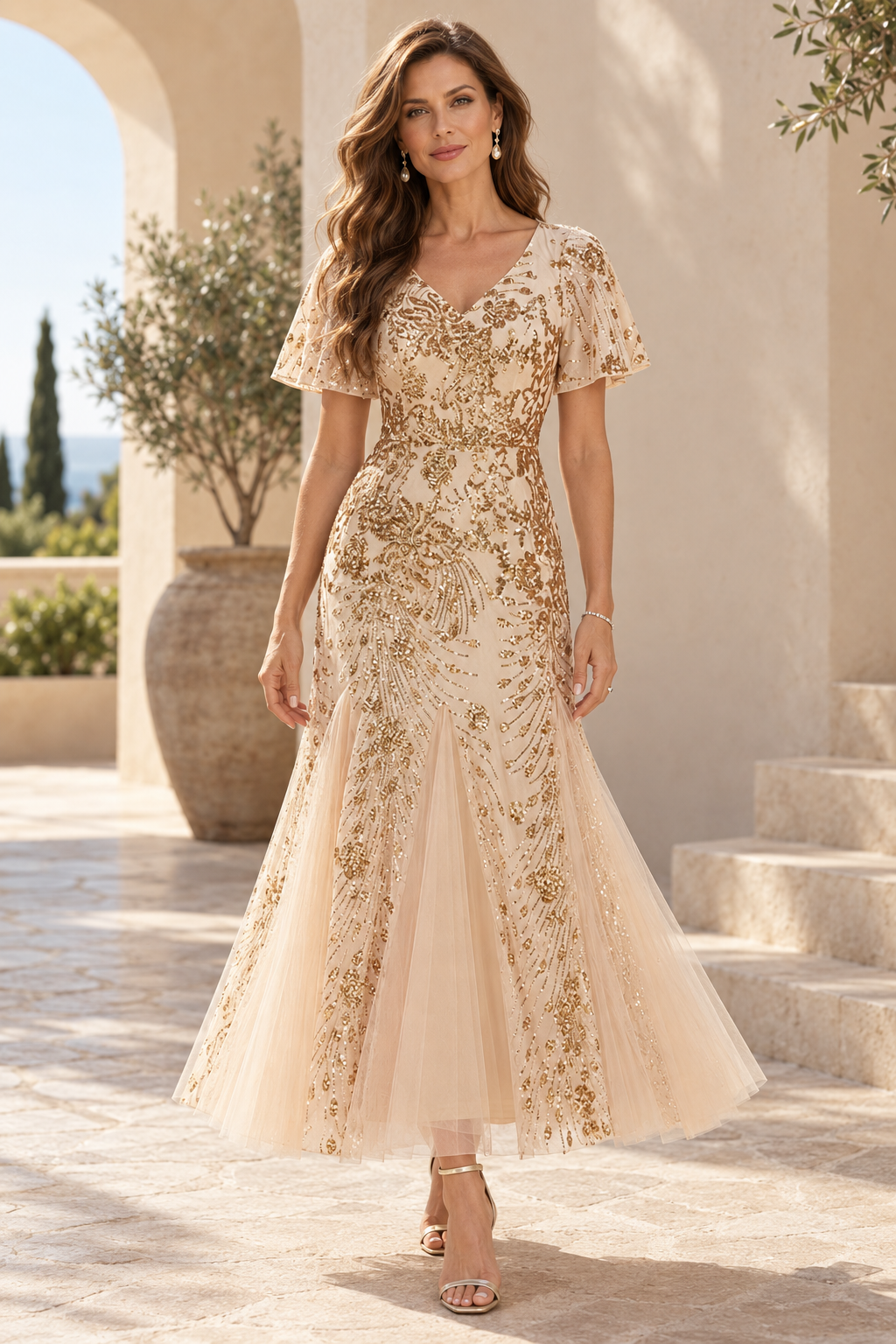 Sequin Flutter Sleeve Godet Ankle Dress