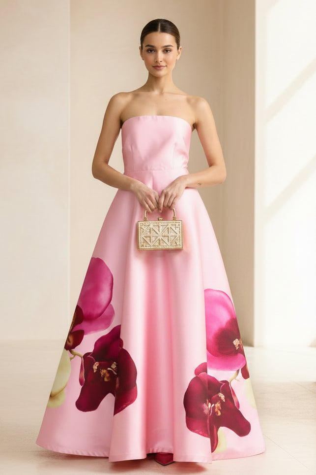 Trägerloses A-Linien-Satin-Kleid mit Blumendruck