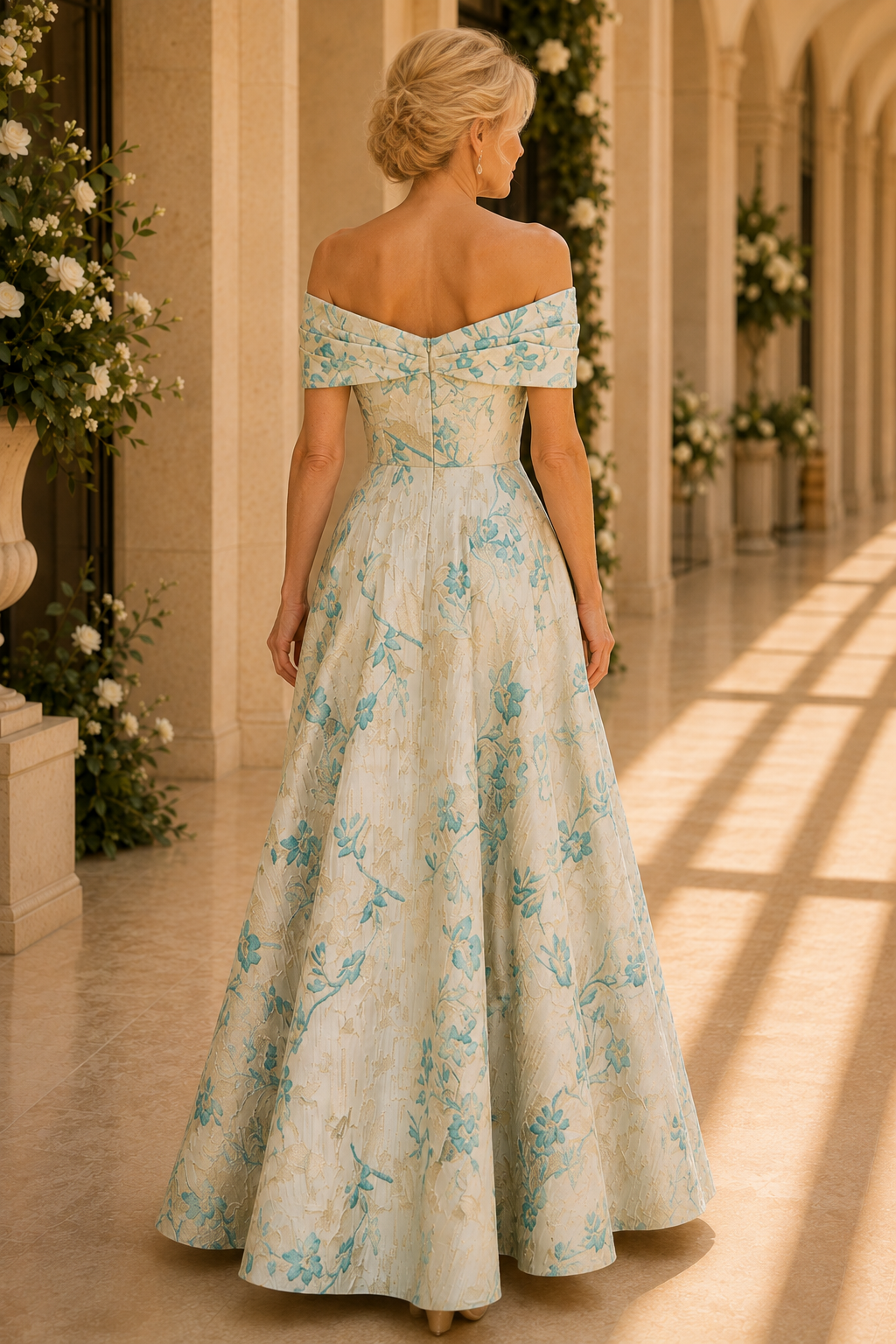 Geblümtes Jacquard schulterfreies A-Linien-Kleid