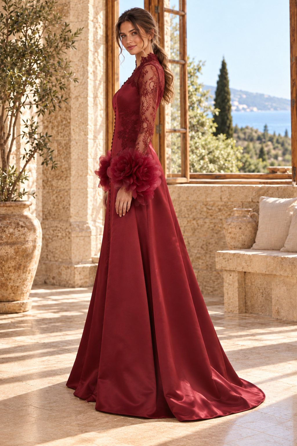 Lace High-Neck Gown with Floral Cuff Sleeves