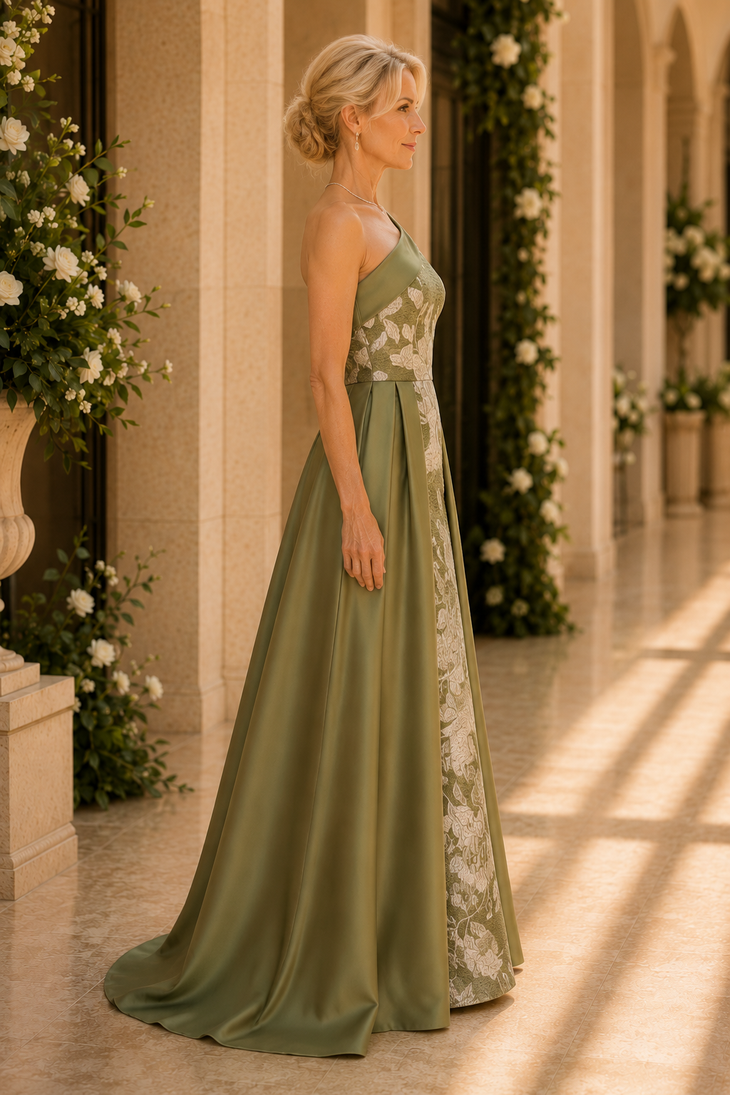 Blumen-Jacquard-Abendkleid mit einem Ärmel und Überrock