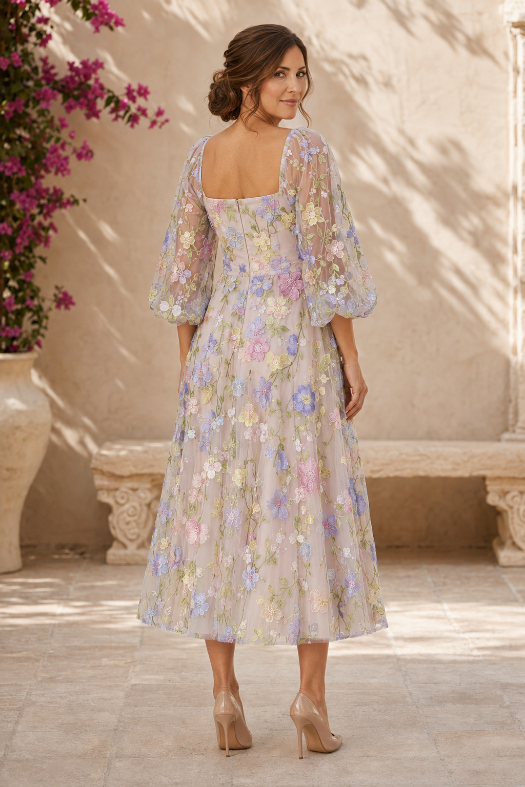 Florales 3D-Applikations-Midi-Kleid mit Puffärmeln