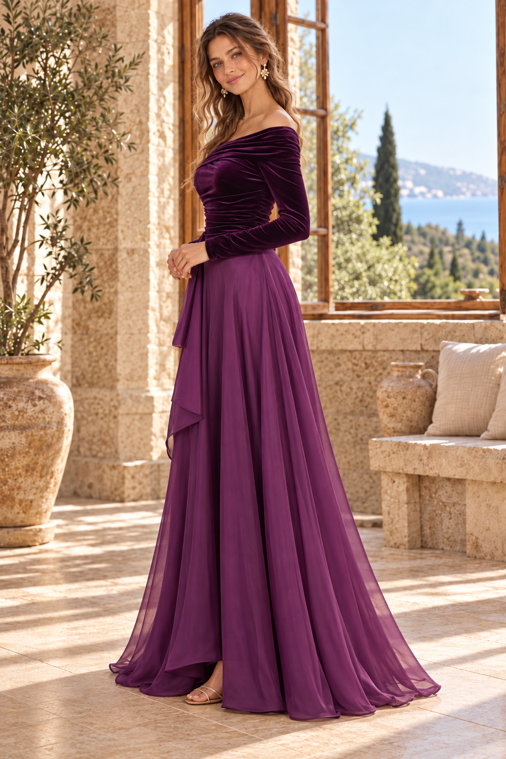 Off-the-Shoulder Velvet Bodice A-Line Gown