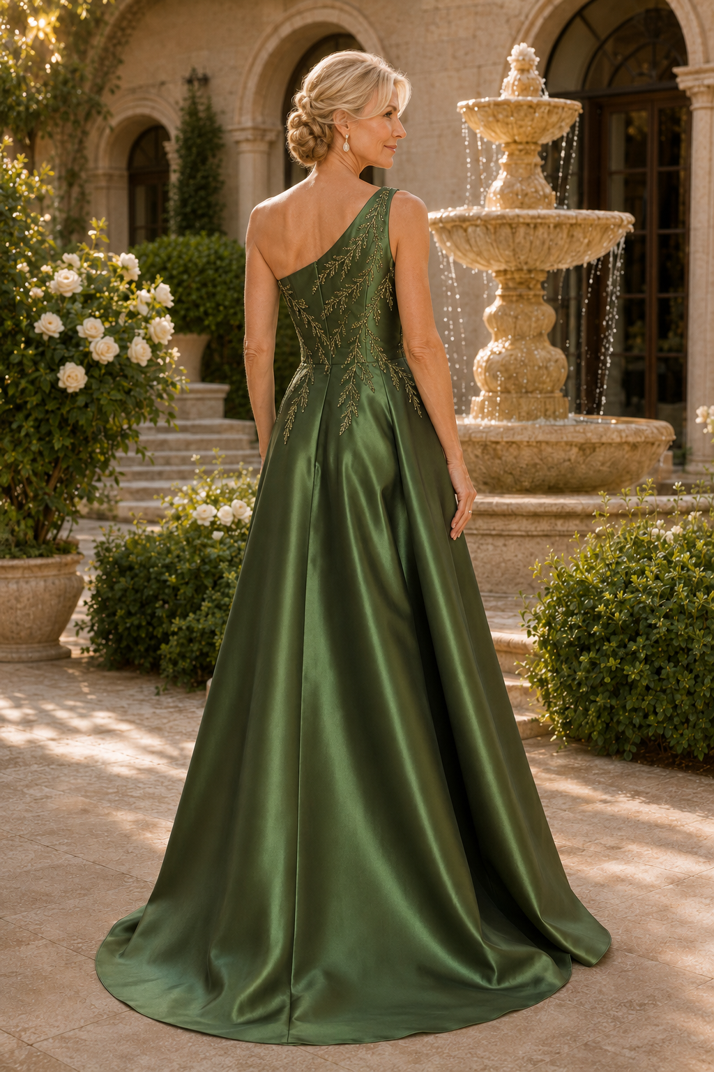 Ein-Schulter-Abendkleid aus Satin mit Perlenstickerei in A-Linie