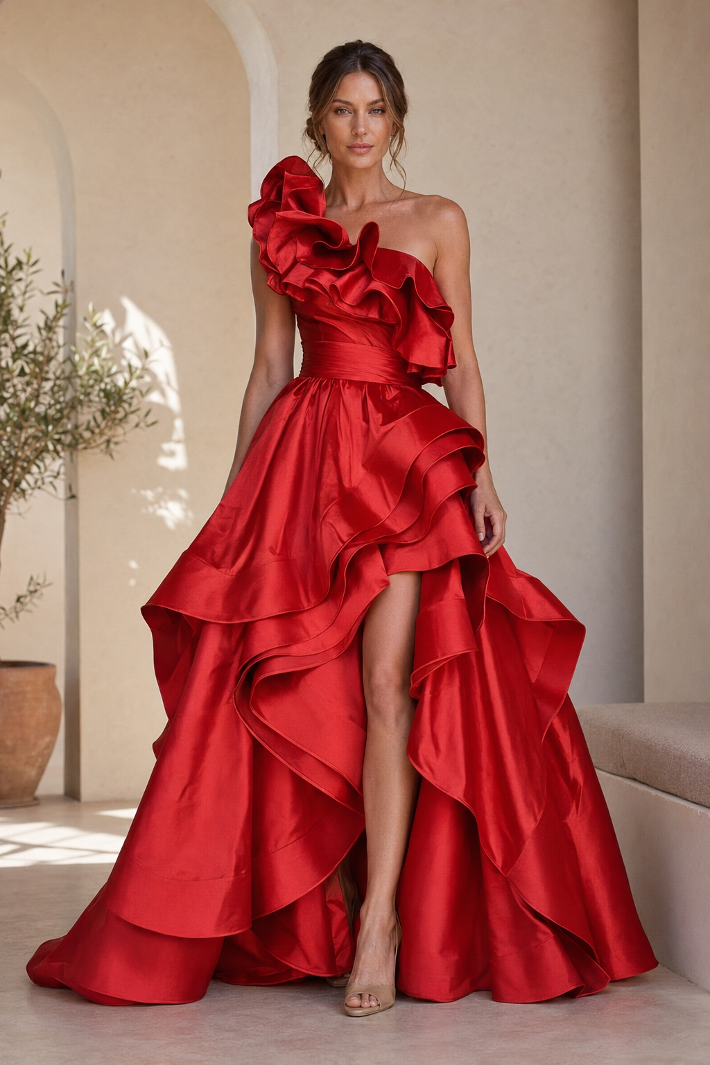 Ein-Schulter-Ballkleid mit Rüschen und hohem Schlitz