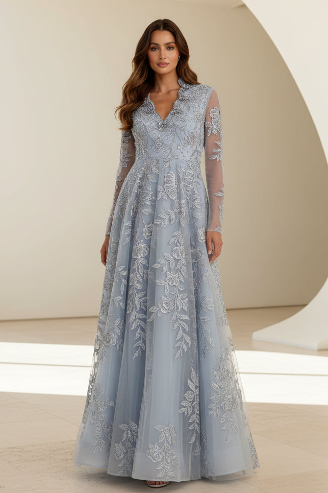 Besticktes Langarm-Abendkleid in A-Linie