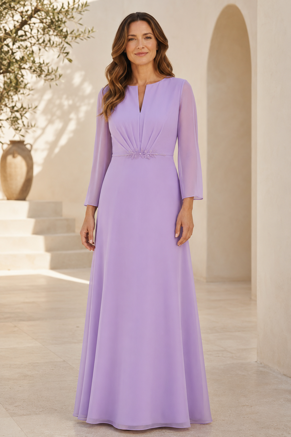Plissiertes Chiffon-Abendkleid in A-Linie mit Ärmeln