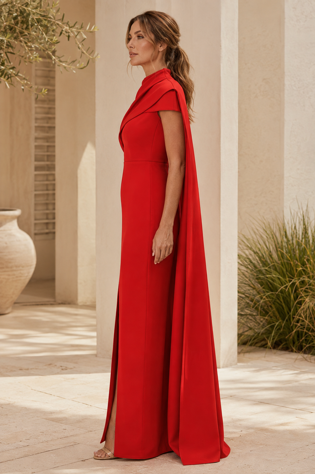 Asymmetrisches, hochgeschlossenes Etui-Abendkleid mit Cape