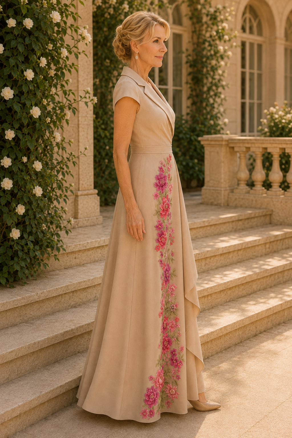 Blumenbesticktes Wickelkleid mit Revers und Wasserfallausschnitt