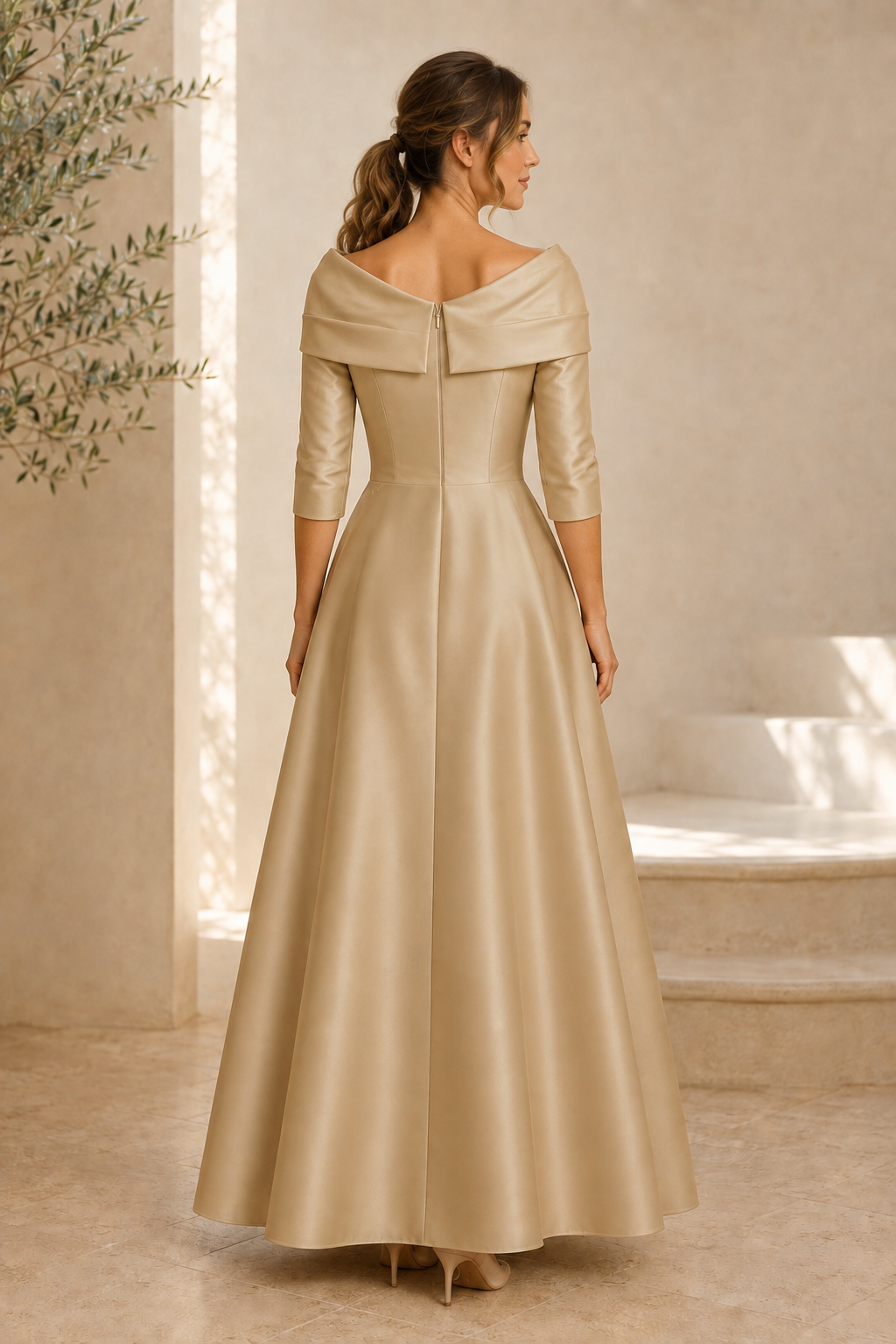 Carmen-Ausschnitt, 3/4 Ärmel, A-Linien-Kleid mit Applikationen