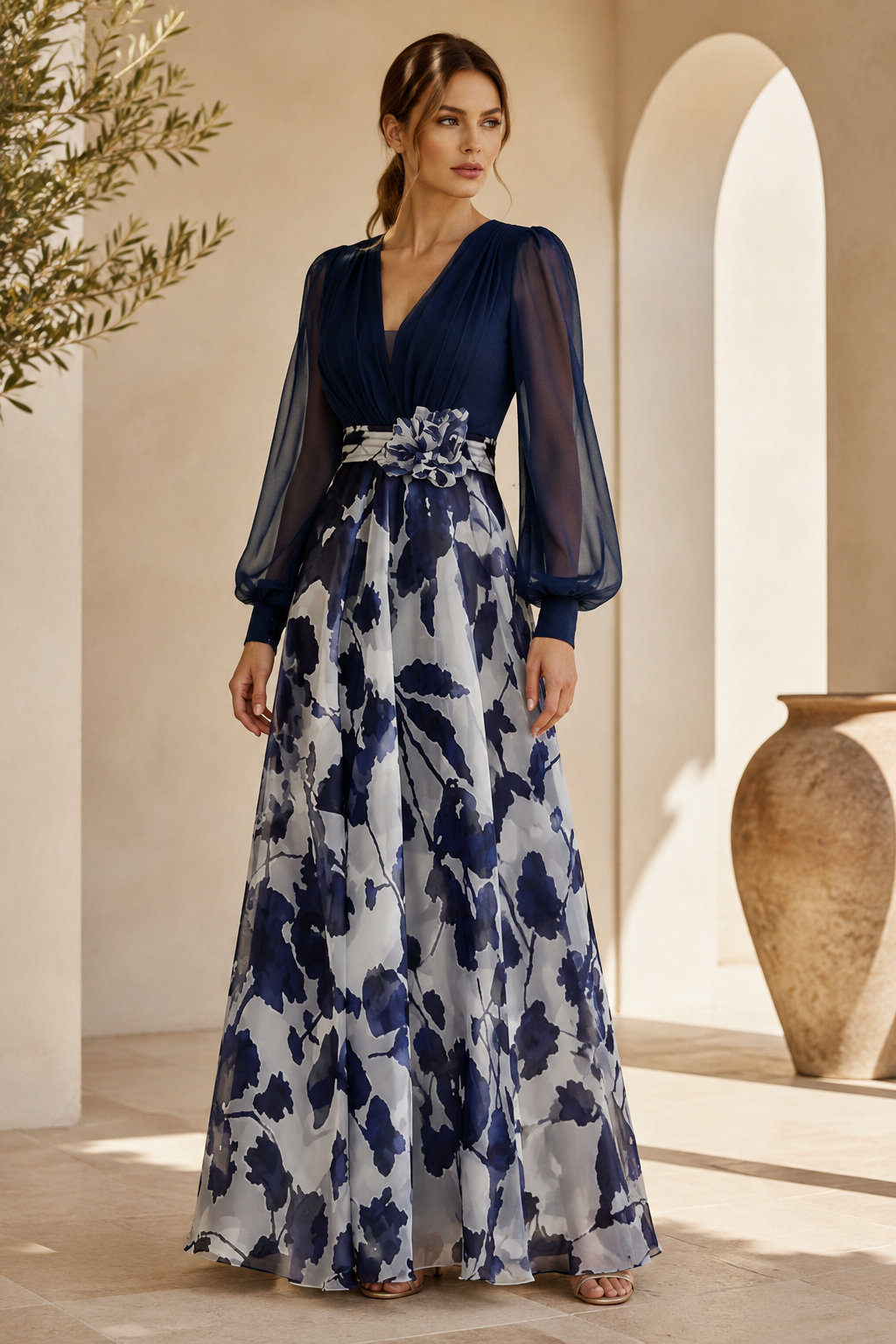 Abendkleid mit V-Ausschnitt und Blumenmuster in A-Linie