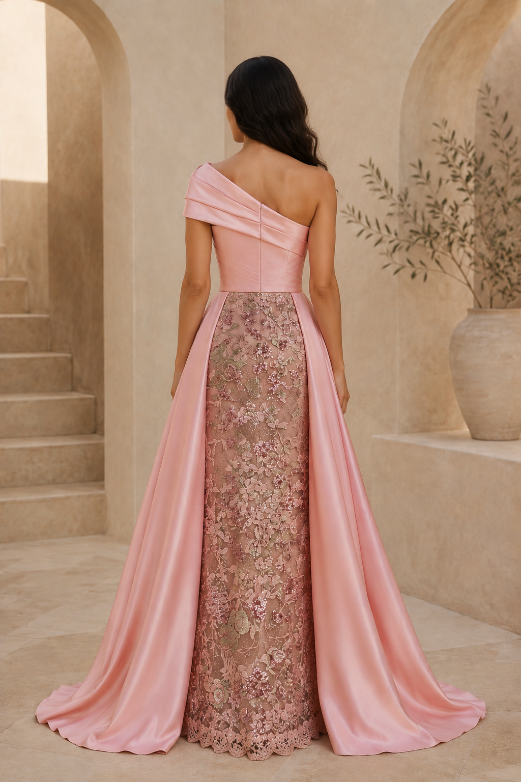 Blumenpaillettenkleid mit einer Schulter und Satin-Überrock