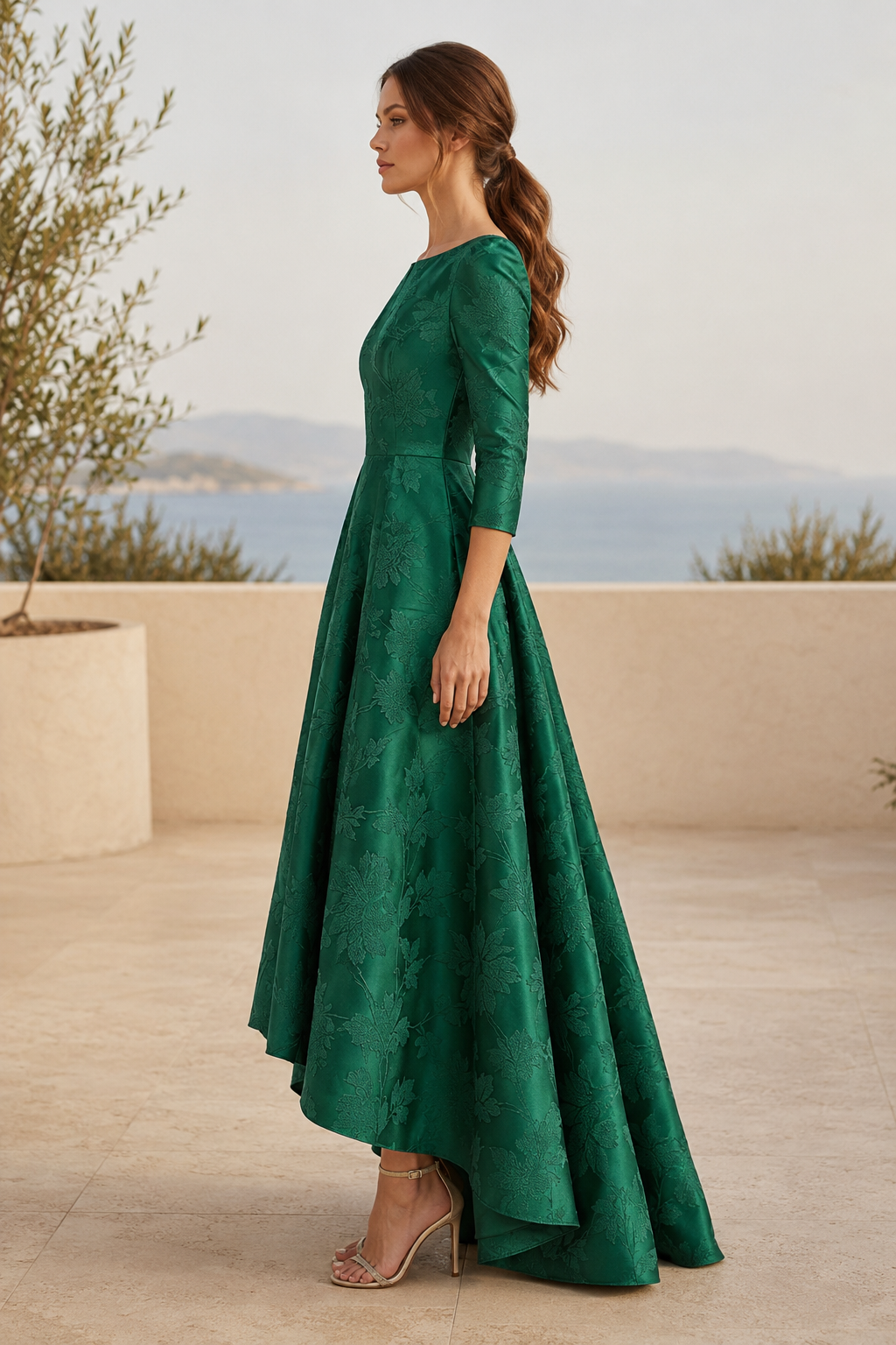 Florales Jacquard-High-Low-A-Linien-Kleid mit Taschen