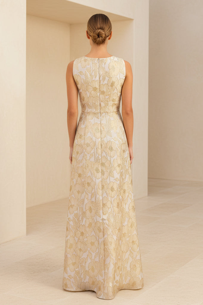 Ärmelloses A-Linien-Kleid aus geblümtem Jacquard