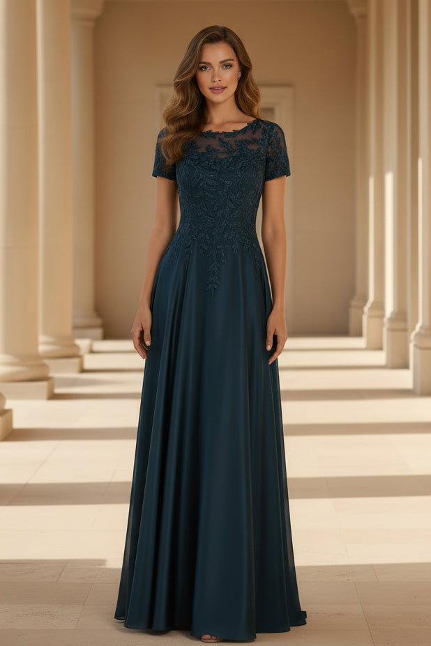 Satin-A-Linien-Abendkleid mit Spitzenapplikationen, bodenlang