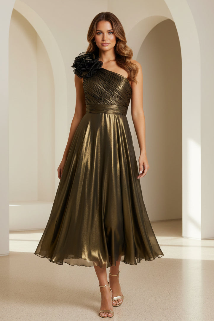 Plissiertes Metallic-Midi-Kleid mit One-Shoulder-Träger