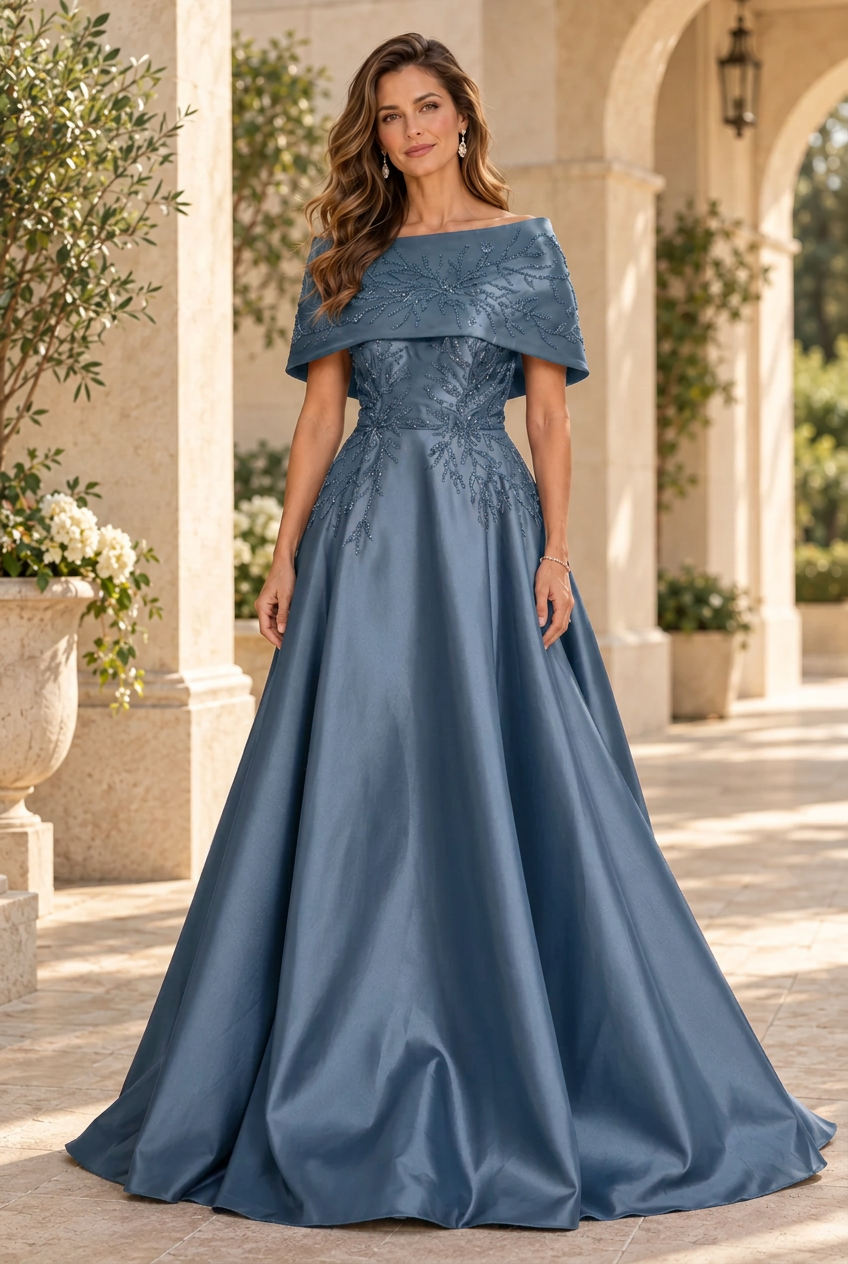 Embellished Cape Collar A-Line Evening Gown