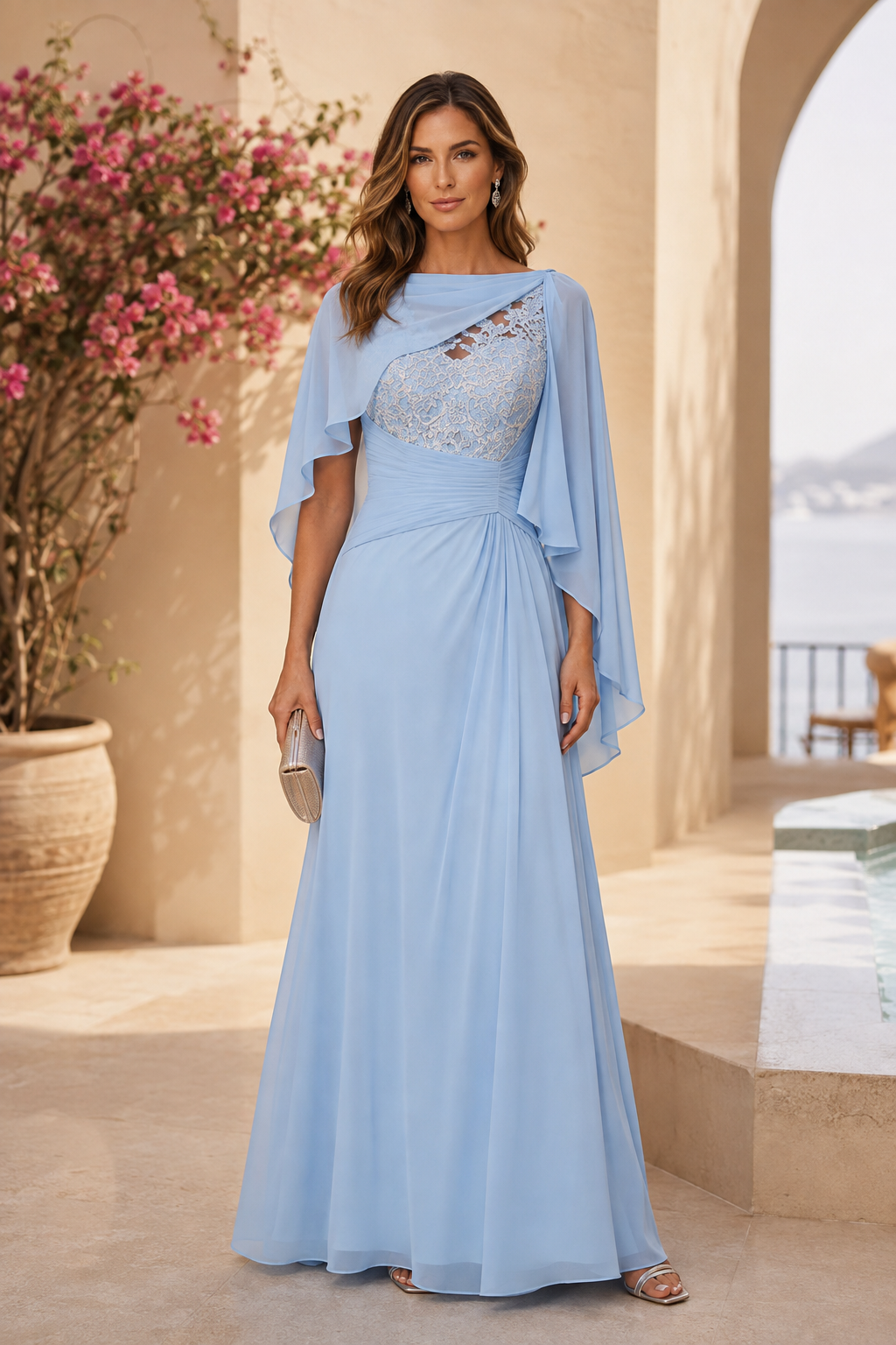 Spitzenmieder-Chiffonkleid mit asymmetrischem Cape