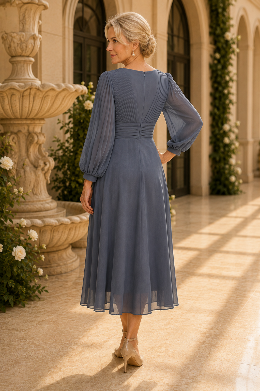 Plissiertes Chiffon-Midi-Kleid mit V-Ausschnitt und langen Ärmeln