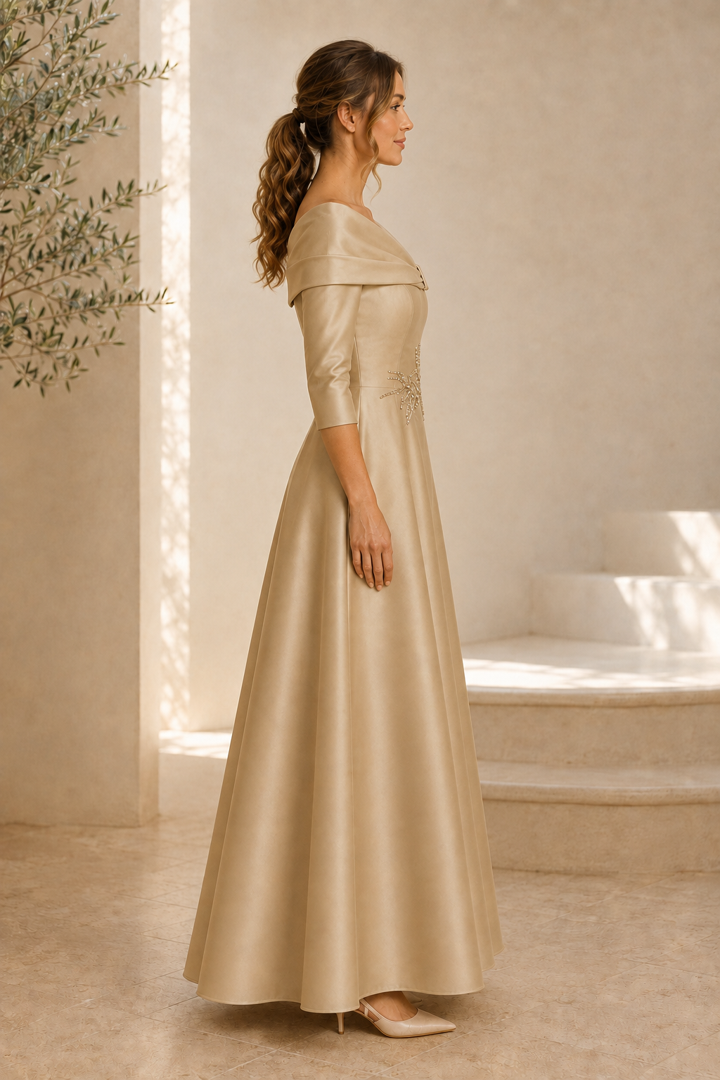 Carmen-Ausschnitt, 3/4 Ärmel, A-Linien-Kleid mit Applikationen