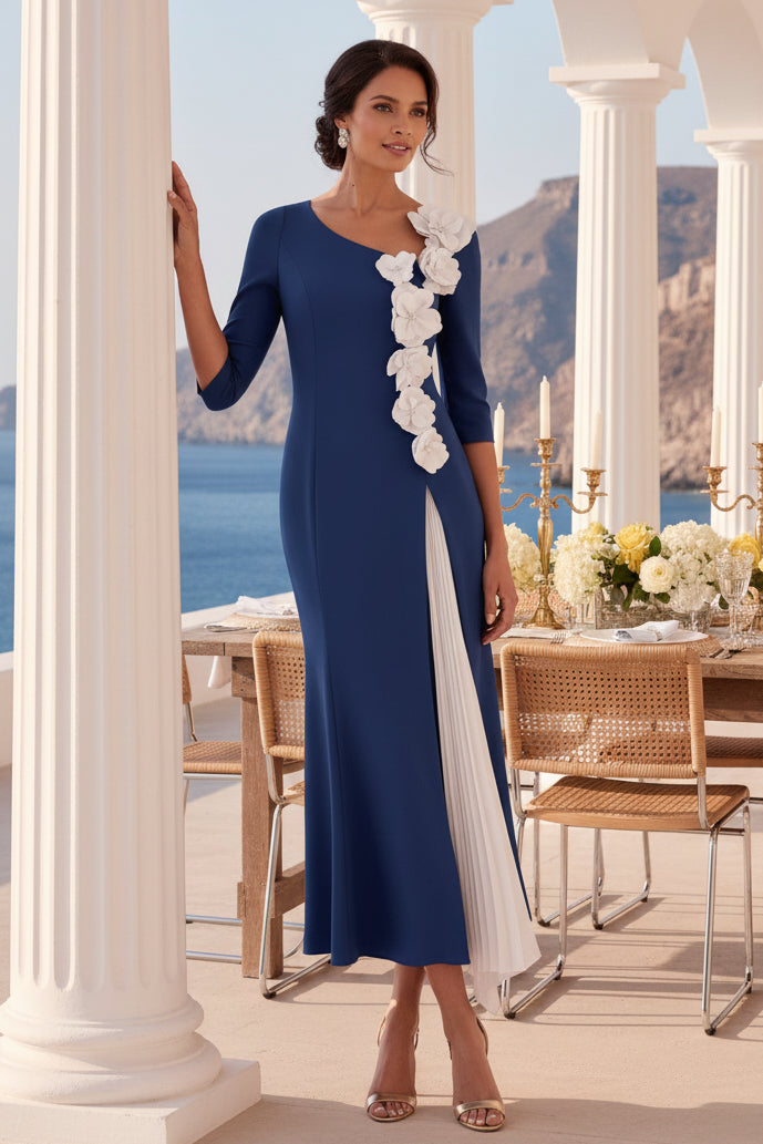 Dreiviertelarm, 3D-Blumenmuster, asymmetrisches Tee-Längen-Kleid