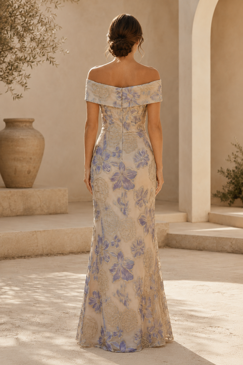 Ärmelloses, plissiertes Blumen-Meerjungfrauenkleid