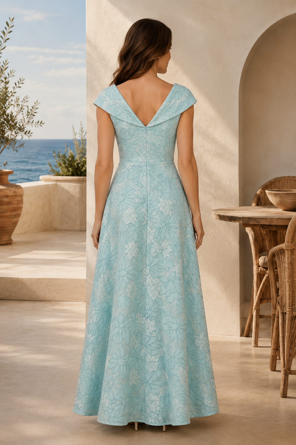 Schulterfreies A-Linien-Abendkleid aus geblümtem Jacquard