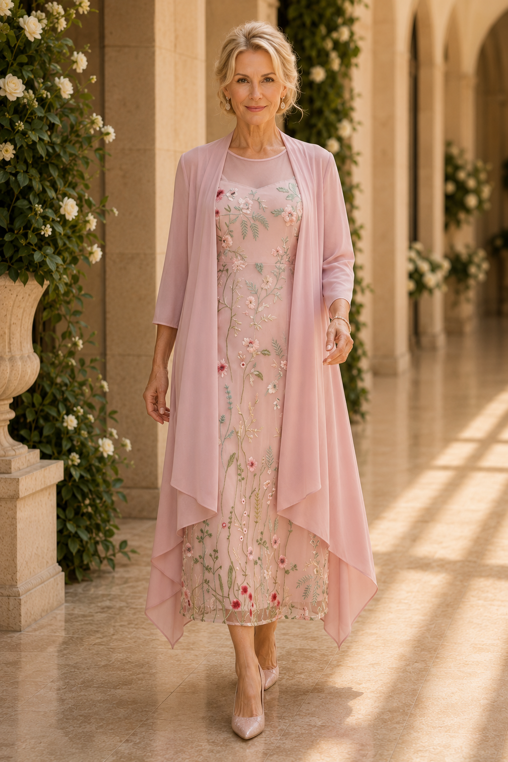 Blumengesticktes Midikleid mit langem Cardigan