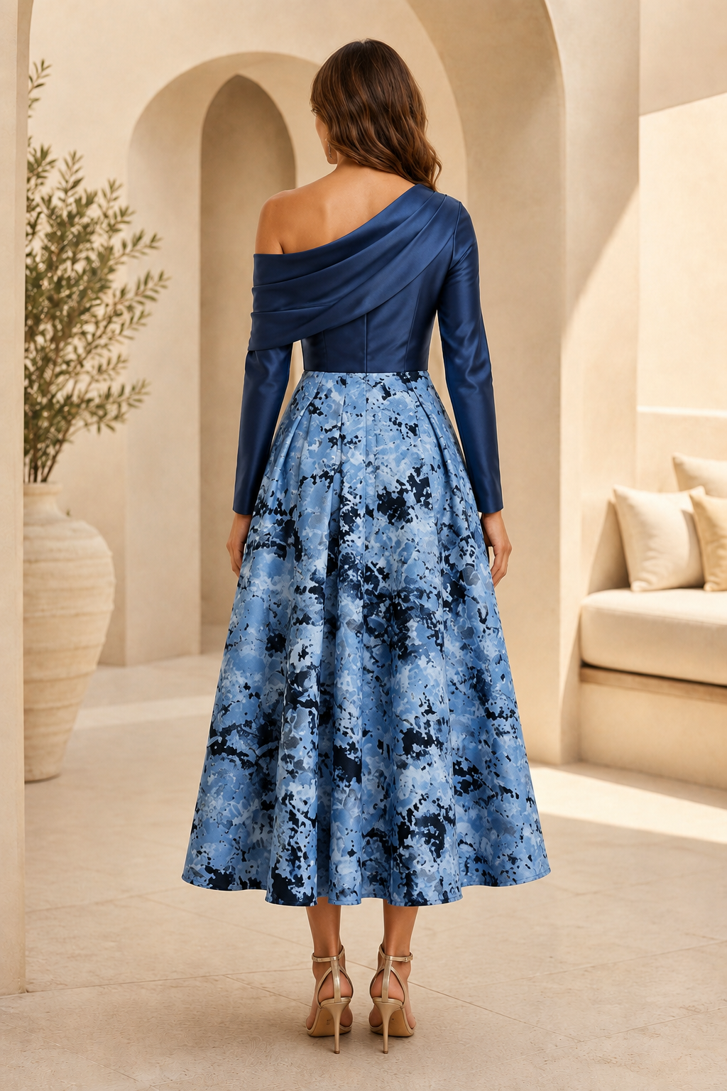 Asymmetrisches One-Shoulder Langarm Midikleid