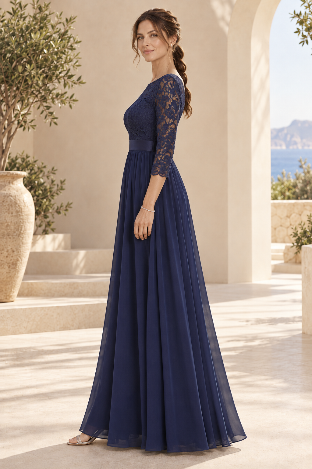 Lace Bodice 3/4 Sleeve A-Line Floor-Length Gown