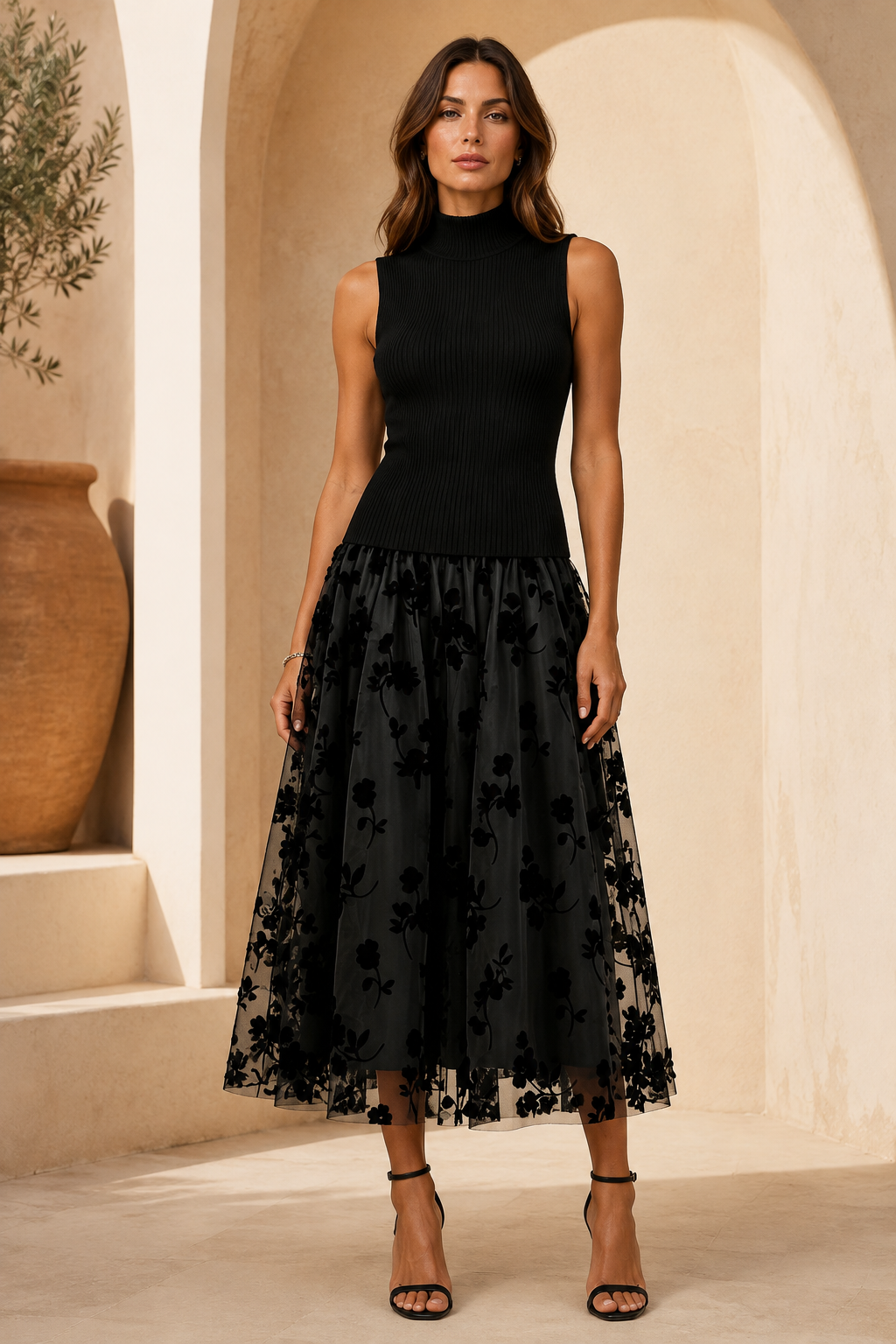 Geripptes Strick-Midikleid mit hohem Kragen und Tüllrock