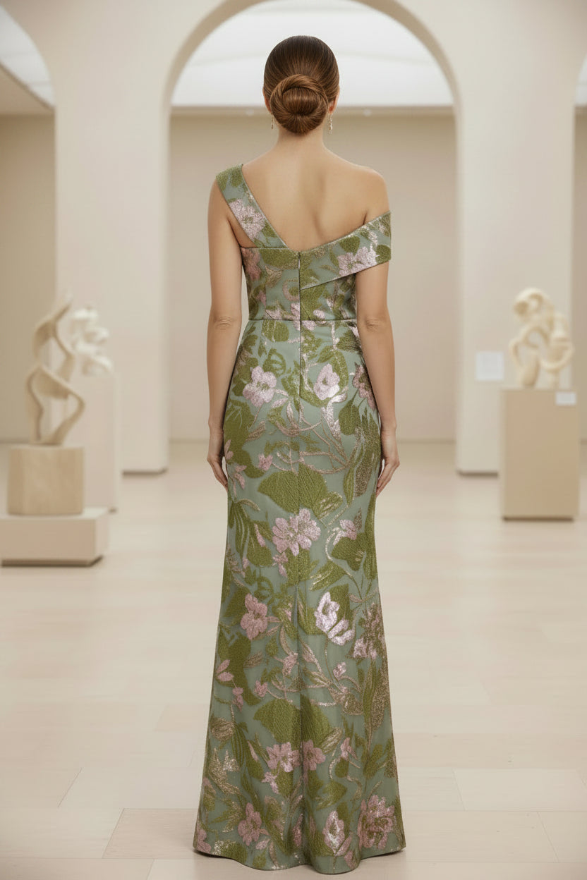 Blumiges Jacquard-Abendkleid mit One-Shoulder und Schlitz