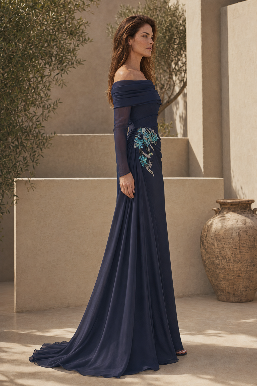 Off-the-Shoulder-Kleid mit floraler Applikation und Drapierung