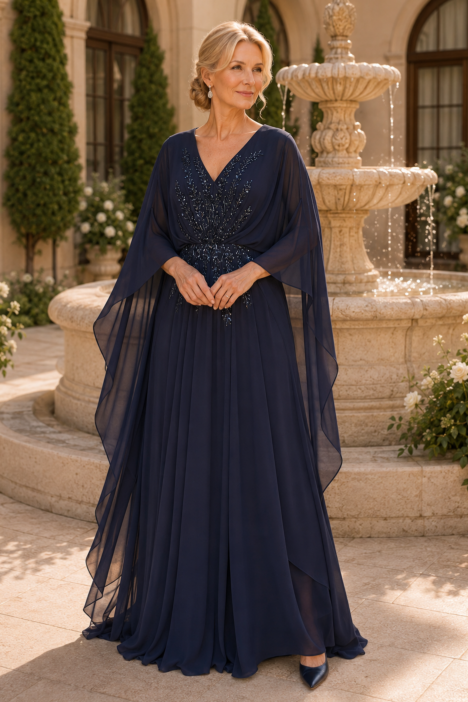 Bodenlanges Chiffonkleid mit perlenbesetzten Flügelärmeln