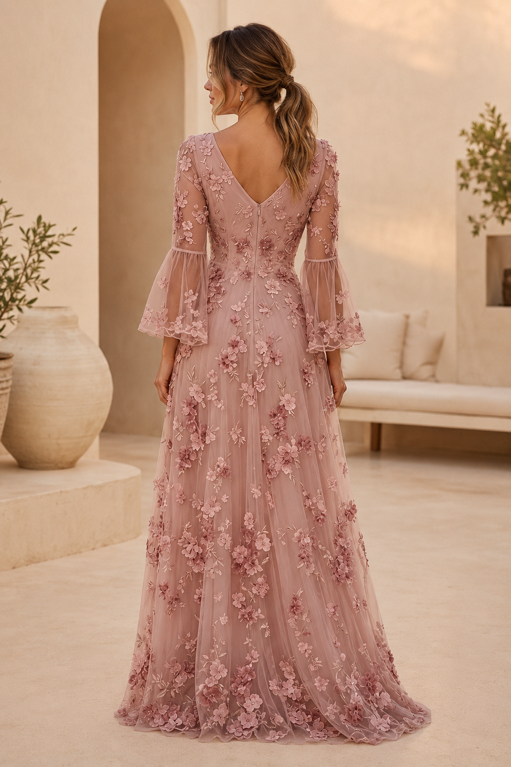 A-Linien-Kleid mit 3D-Blumenapplikationen und Glockenärmeln