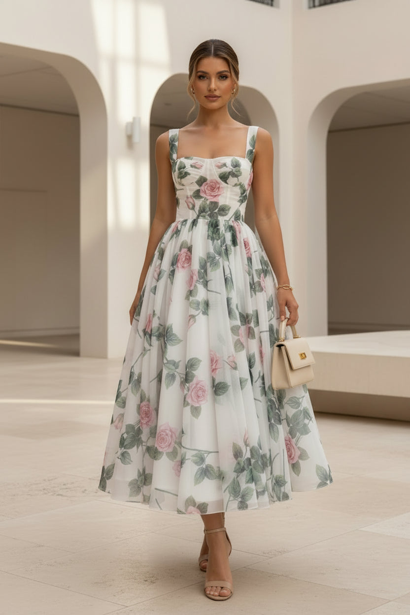 Florales Korsett-Midikleid mit Rosenprint und vollem Rock