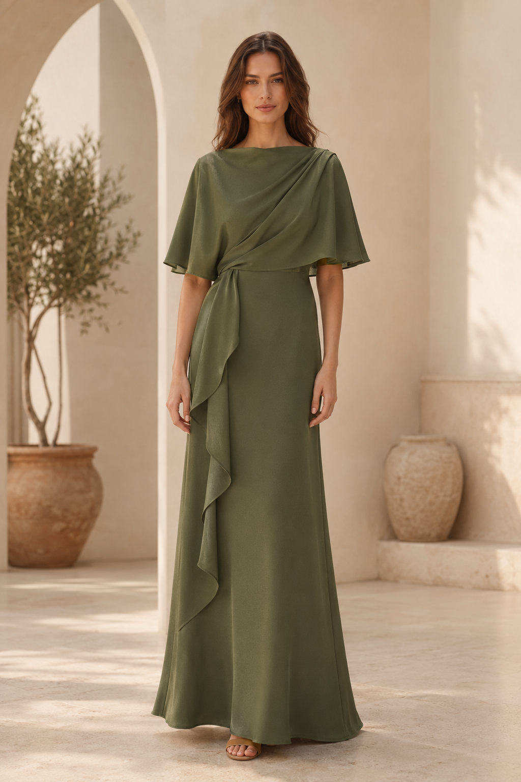 Etui-Abendkleid mit Bateau-Ausschnitt, Flügelärmeln und seitlicher Drapierung