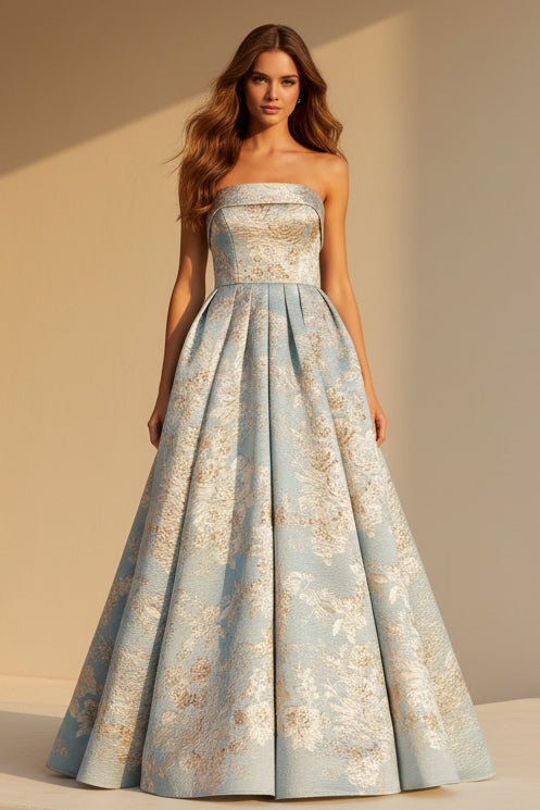 Trägerloses Abendkleid aus floralem Jacquard