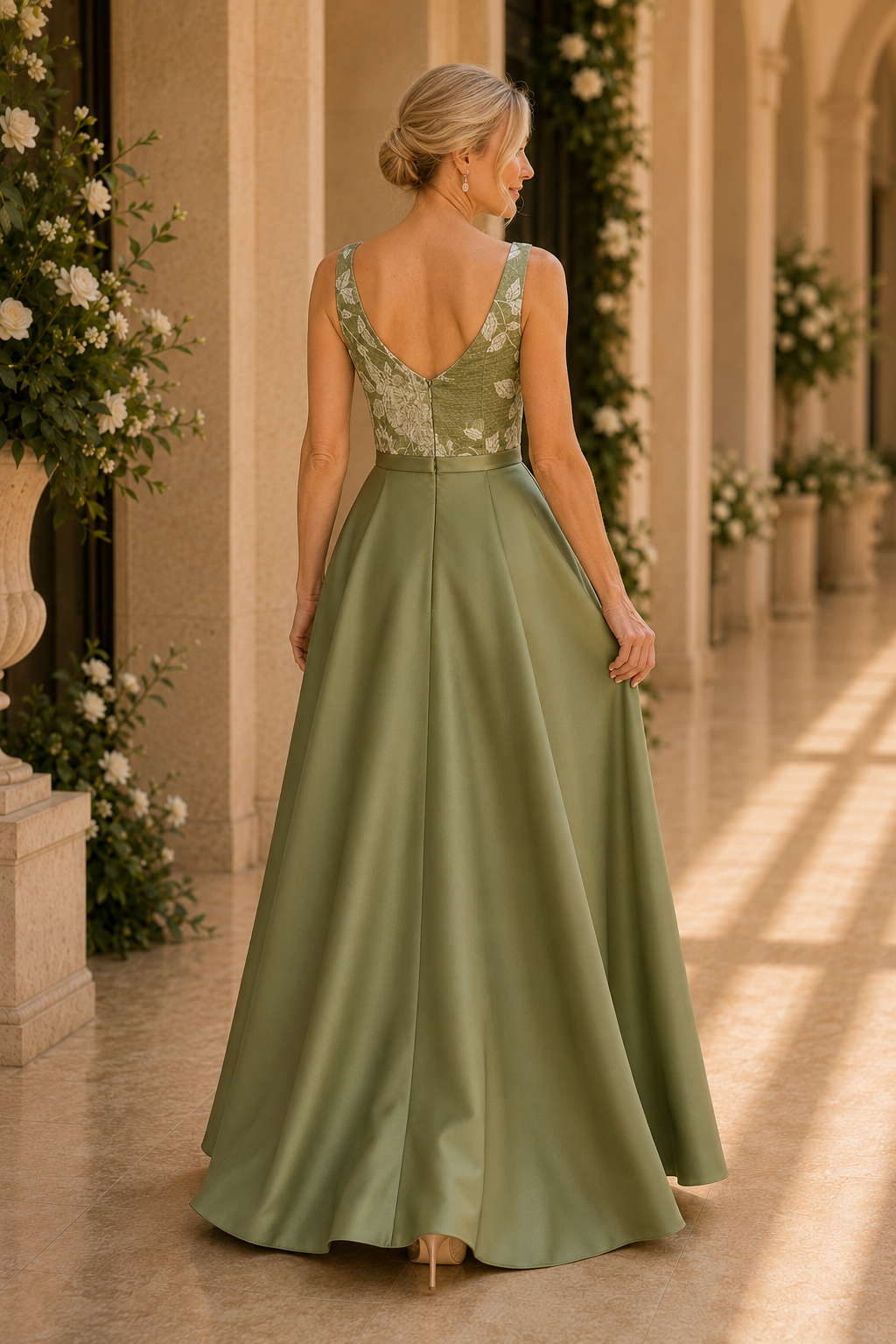 Säulenkleid aus floralem Jacquard mit Satin-Überrock