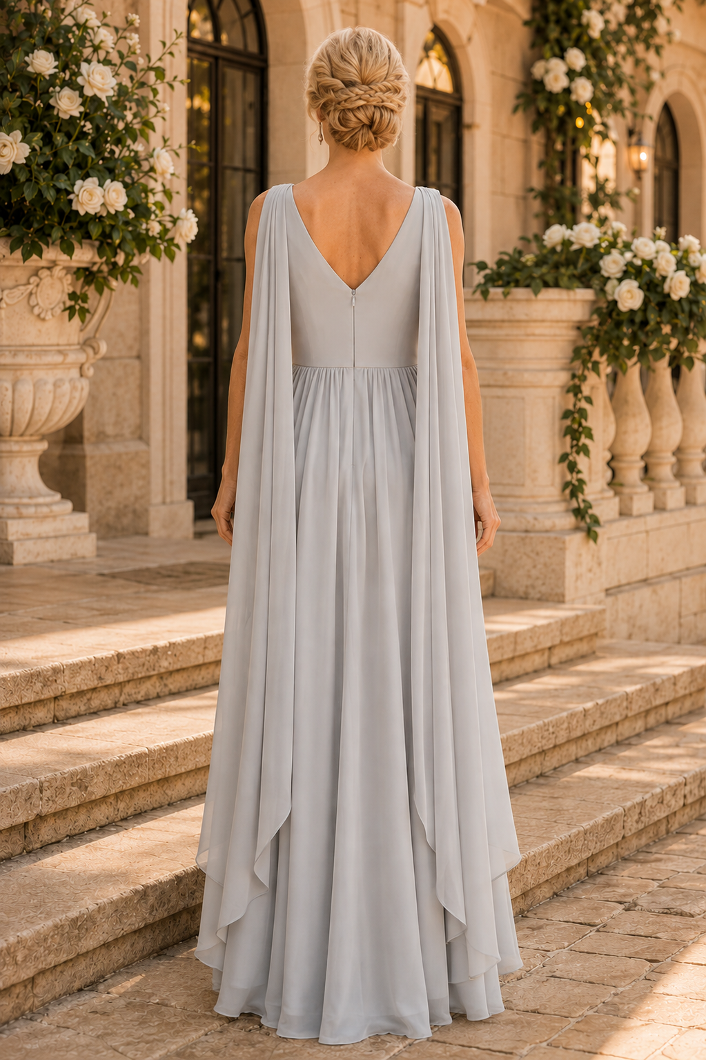 Plissiertes V-Ausschnitt Chiffonkleid mit Cape-Details