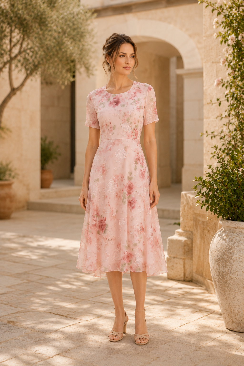 Geblümtes gestuftes Midikleid mit transparenter Jacke