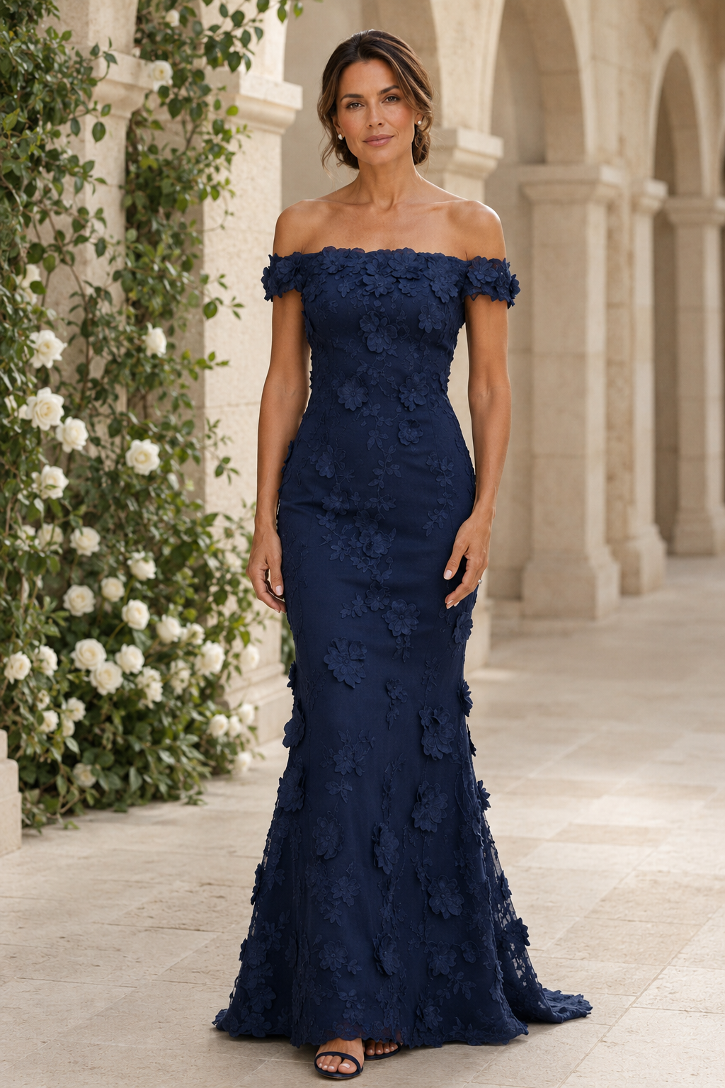 Off-the-Shoulder 3D Floral Lace Mermaid Gown